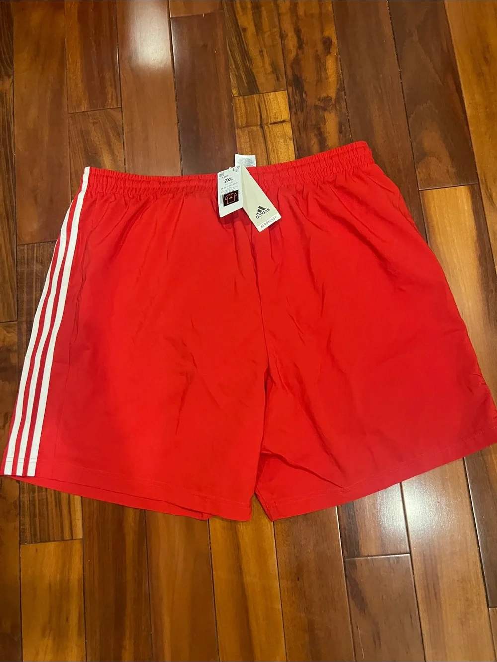 Adidas Red Men’s Chelsea Athletic Shorts with White Stripe Accents
